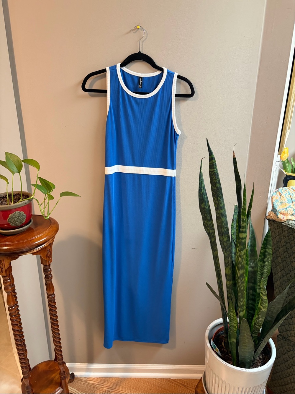 Blue Sleeveless Midi Dress with White Trim